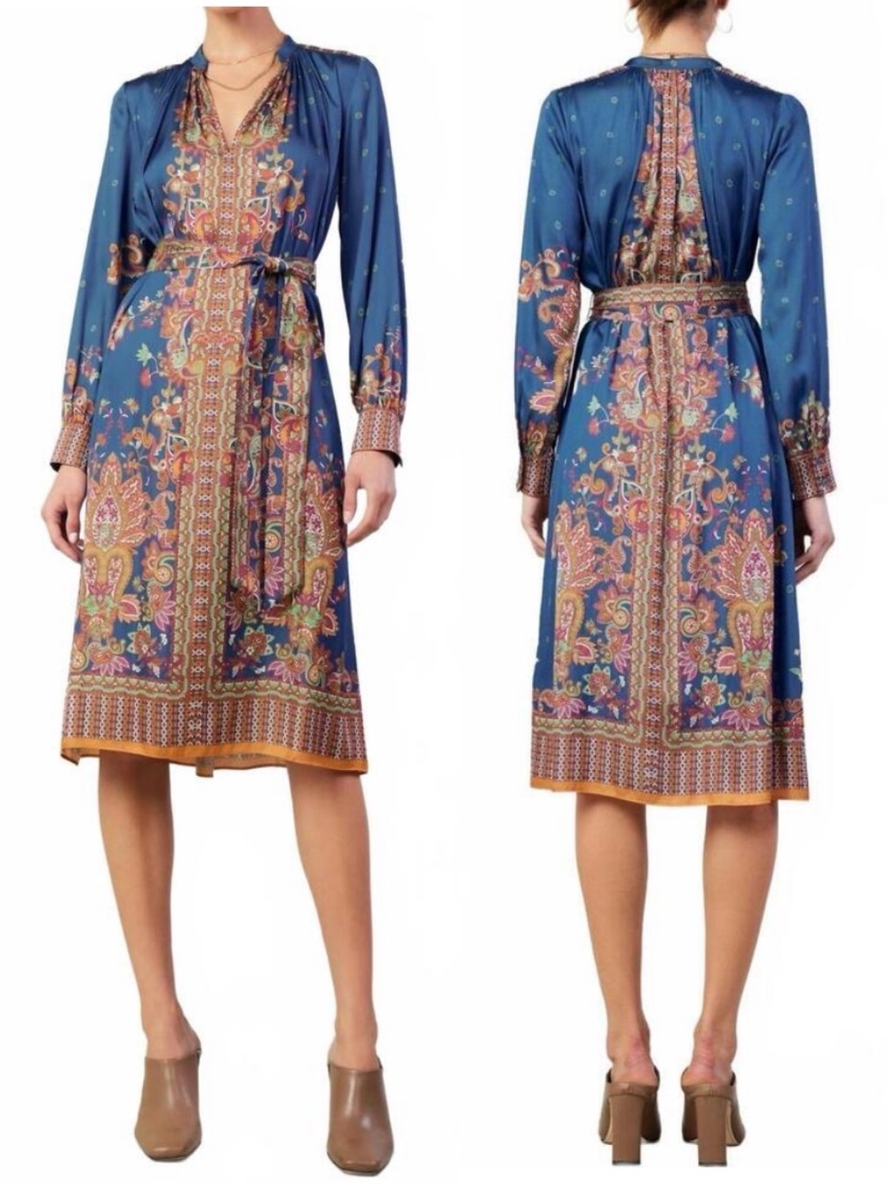 Current Air Paisley Border Print Long Sleeve Dress and Sash Blue Orange Medium